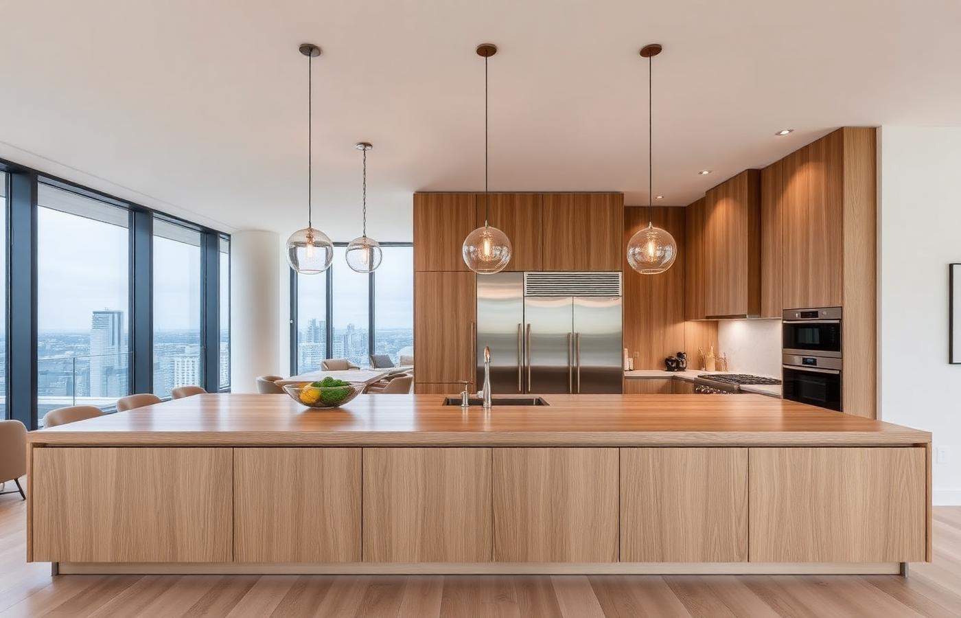 Apartament penthouse — kuchnia z wyspą dębową
